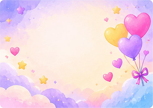 Globos de corazón entre nubes rosas y violetas